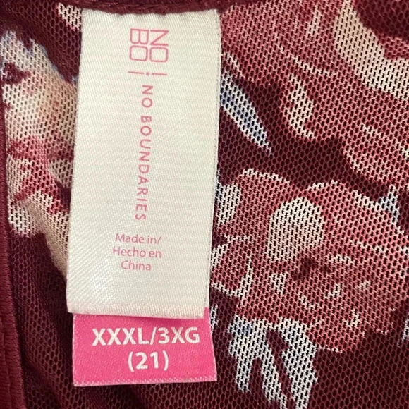 Burgundy Floral Print Mesh Blouse 3X (XXXL) Women’s Top- No Boundaries - Picture 3 of 9